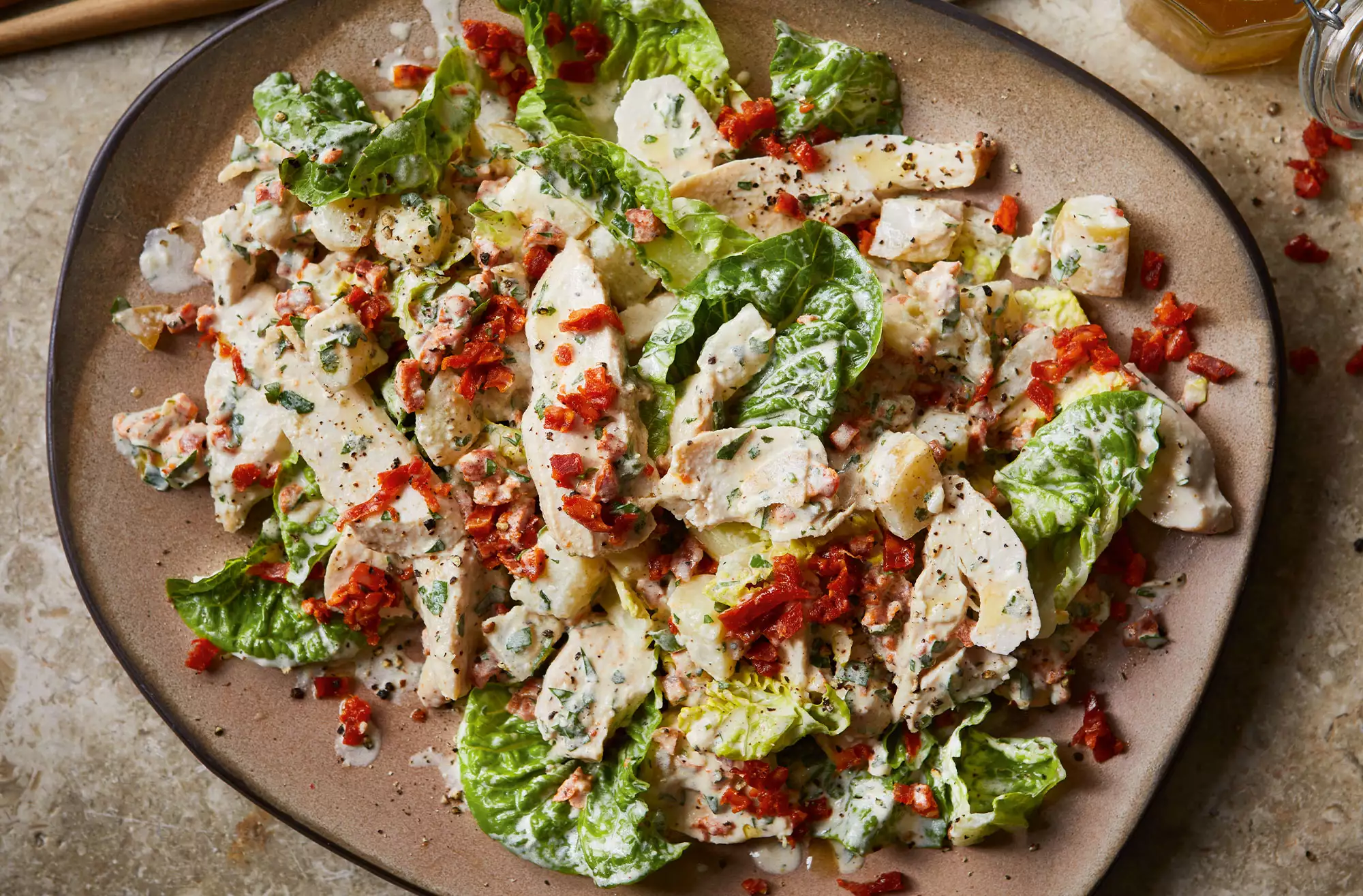 Garlicky chicken, chorizo & potato salad bowl