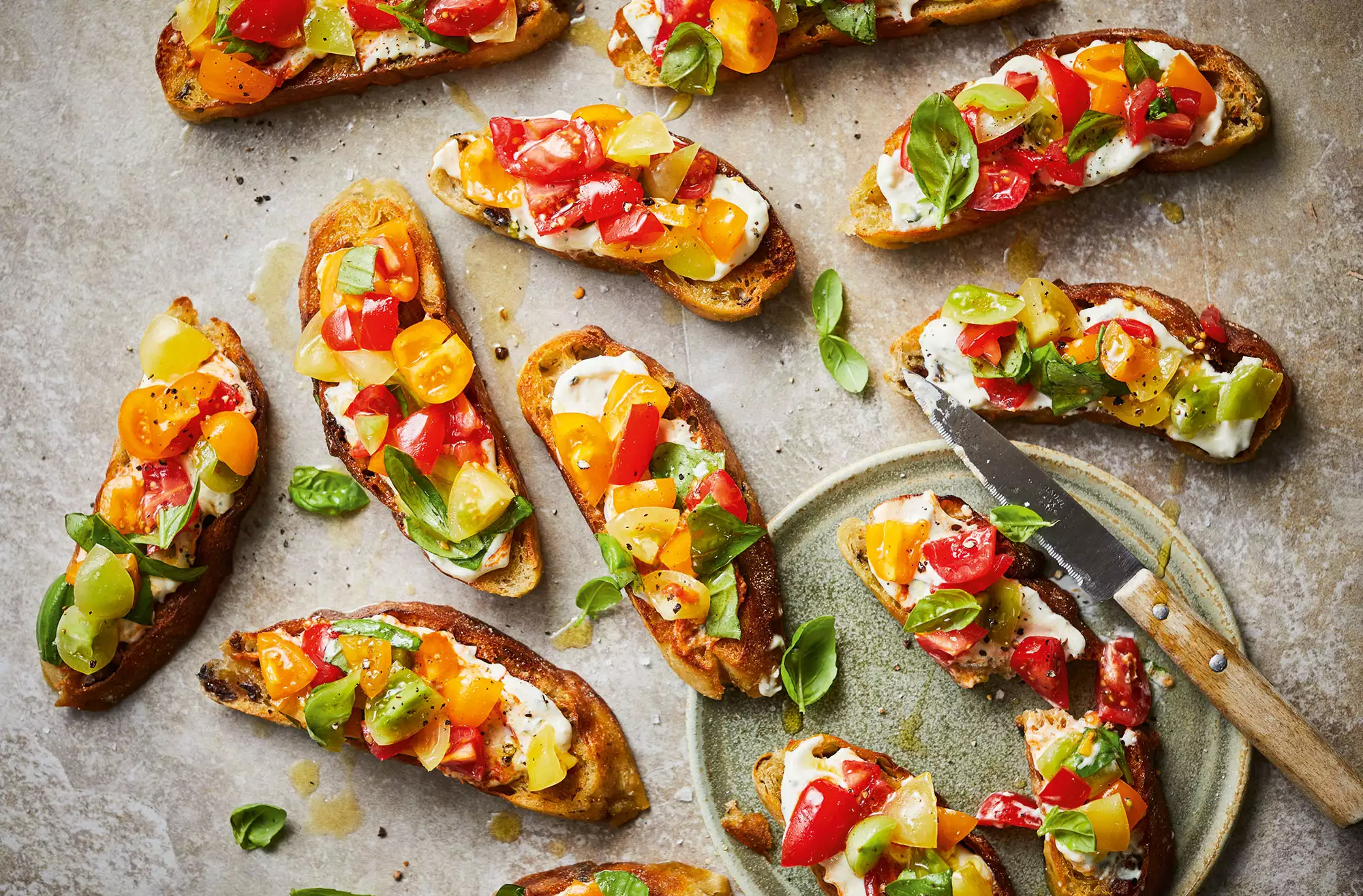 Tomato, basil & creamy pecorino bruschetta