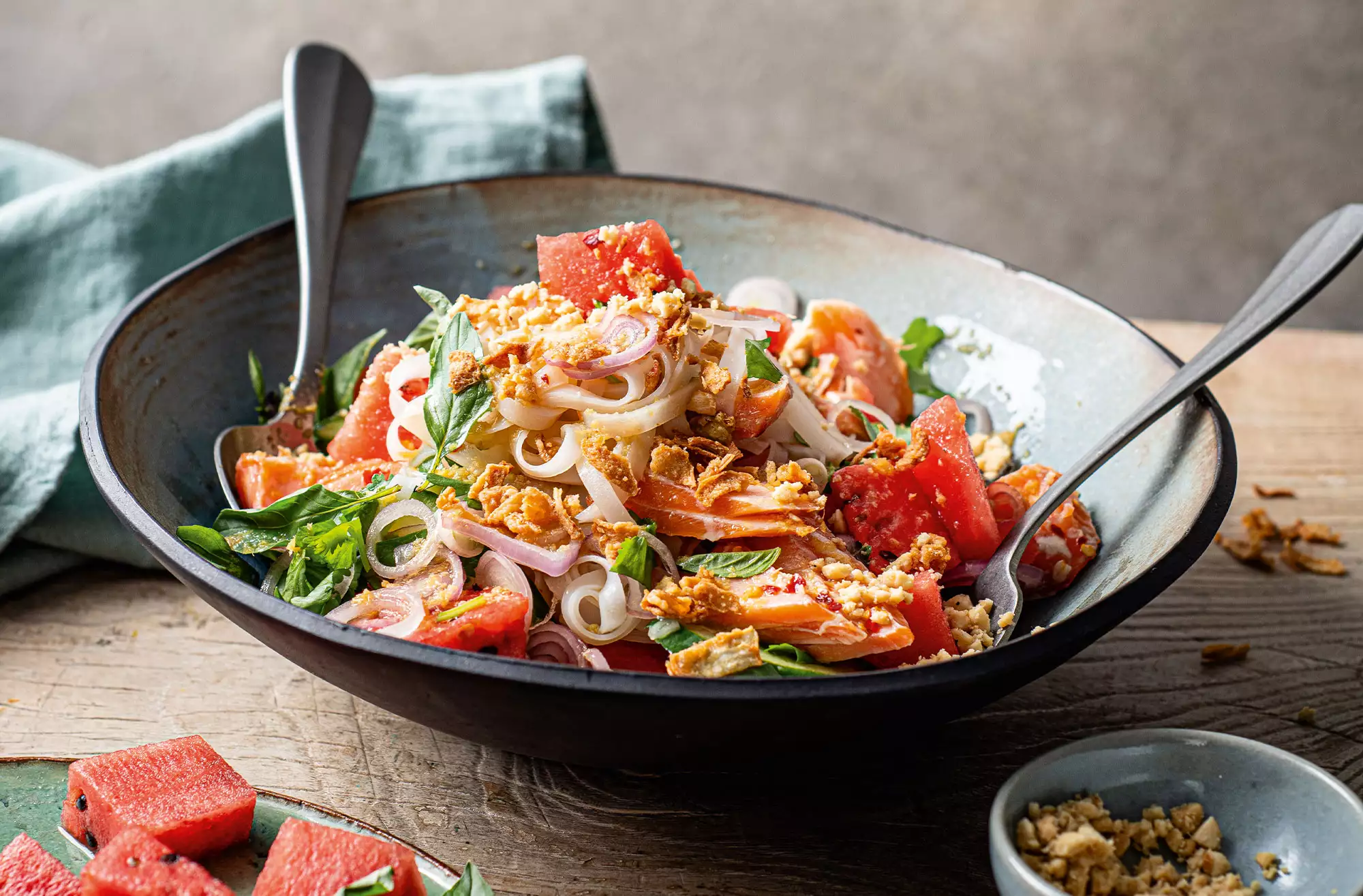 Watermelon, hot smoked salmon & rice noodle salad