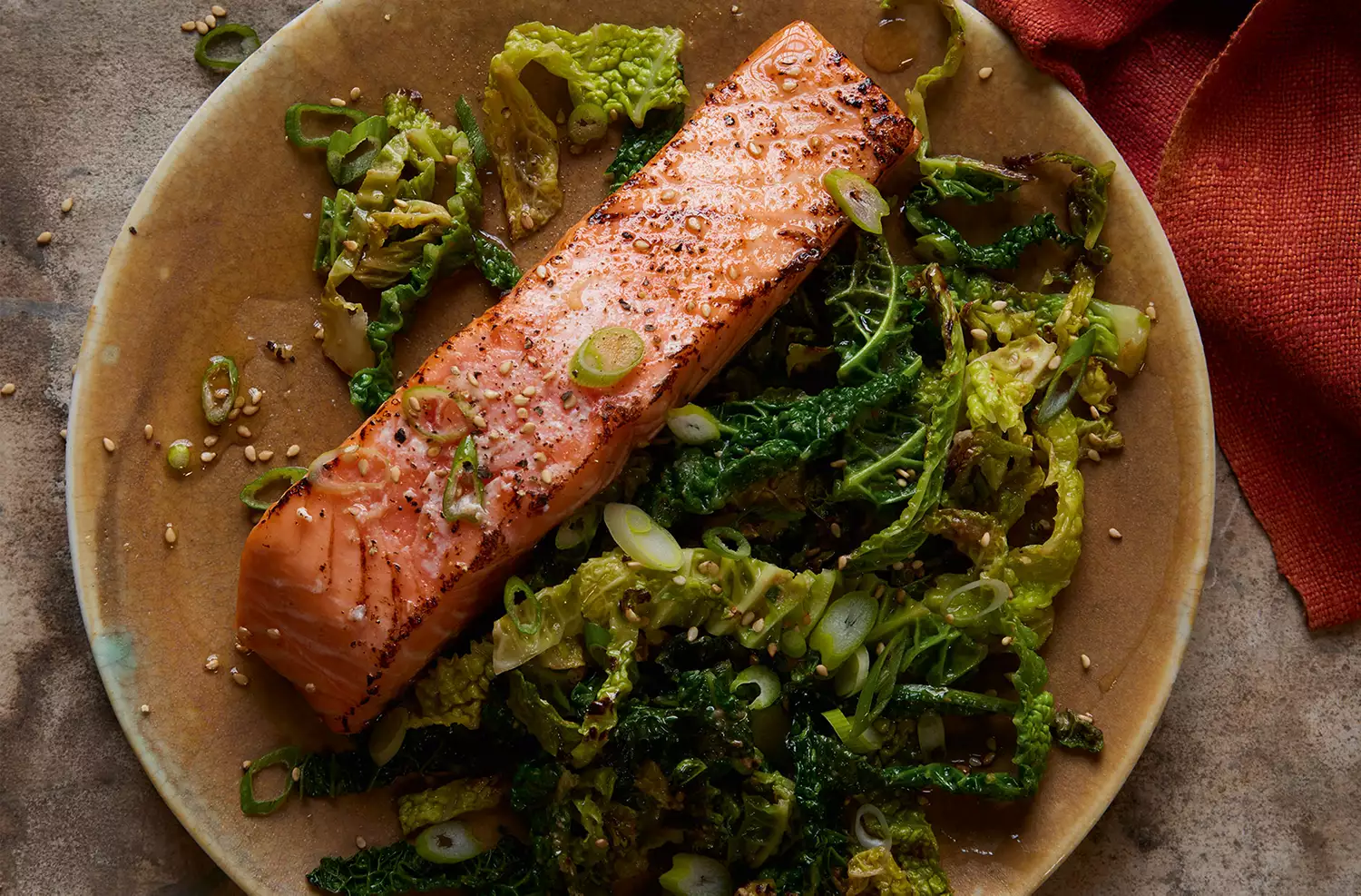 Fairtrade lapsang souchong, ginger & miso marinated grilled salmon with sesame cabbage