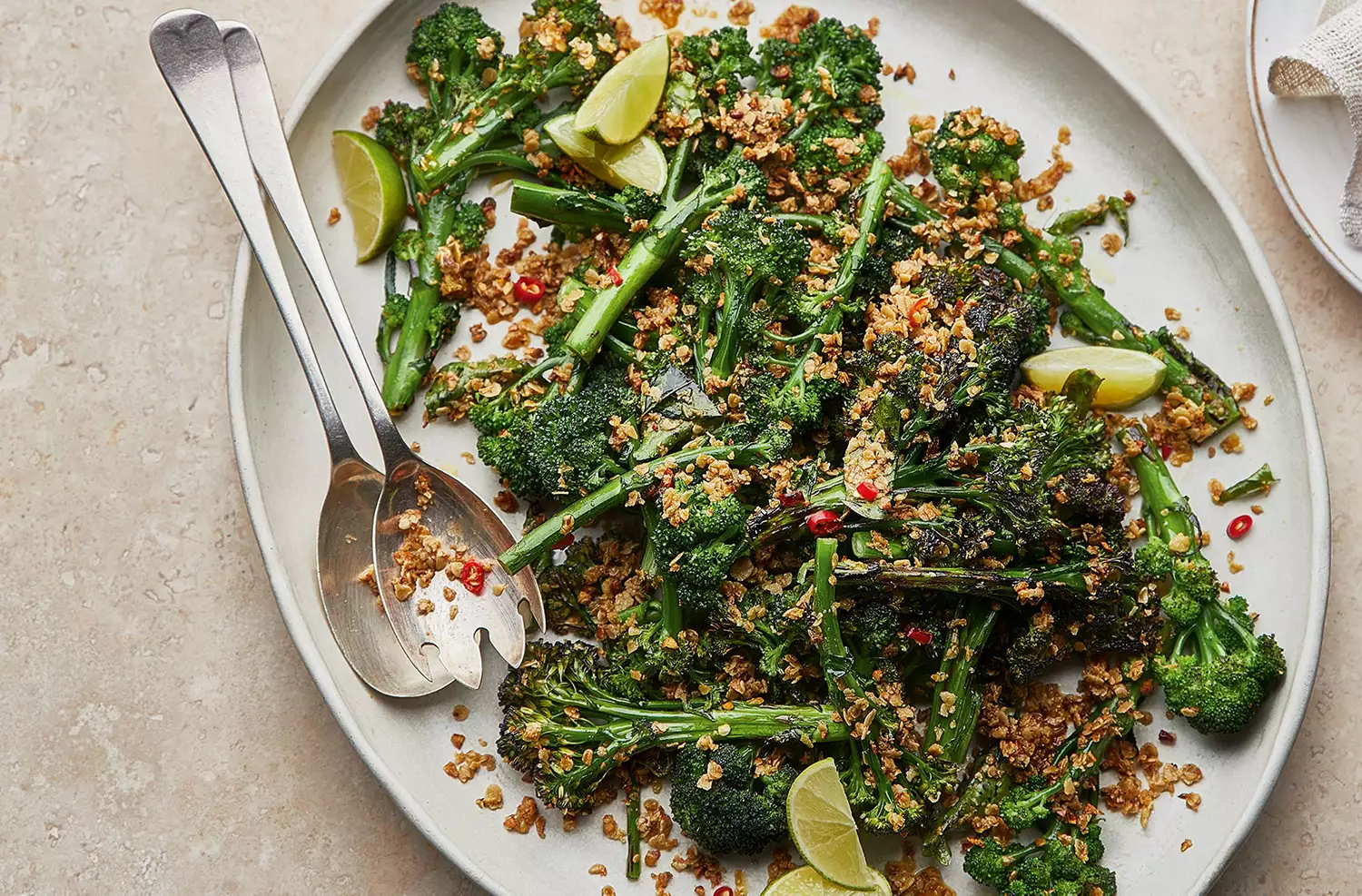 Charred purple-sprouting broccoli with crispy chilli oats