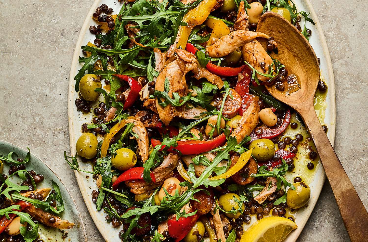 Spanish-style pulled chicken, chorizo & lentil traybake salad