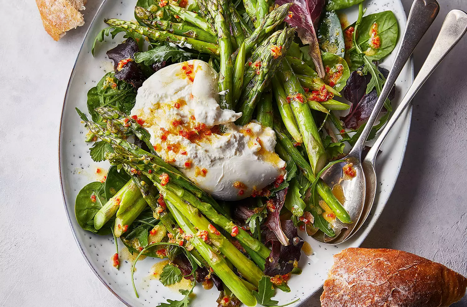 Grilled asparagus with burrata, lemon & chilli