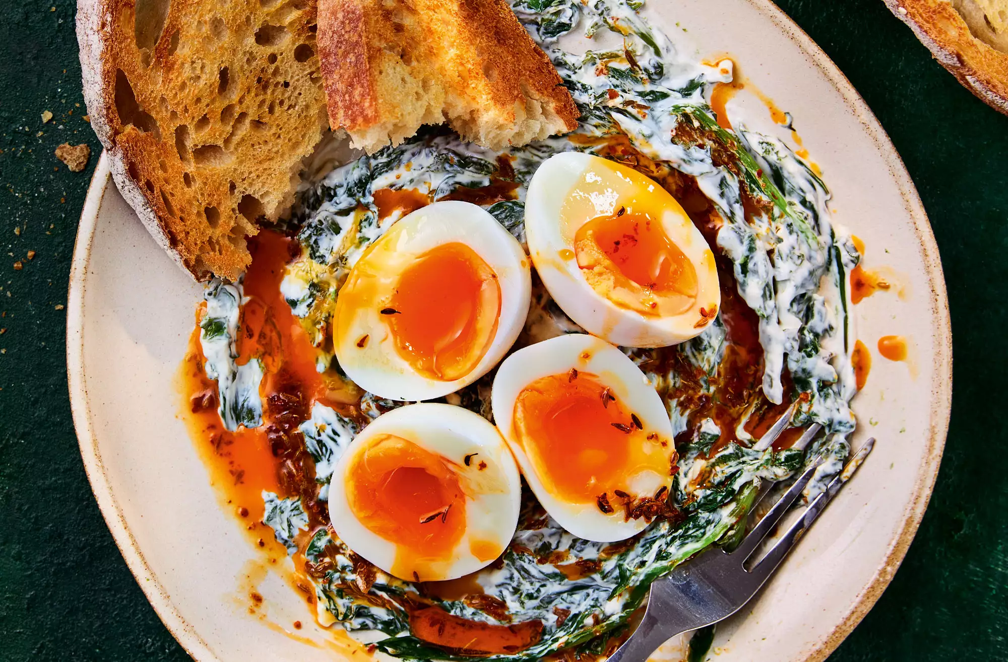 Garlic yogurt spinach with soft eggs & spiced butter