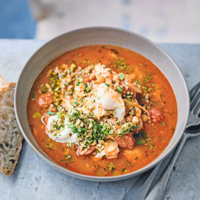 Spanish-style chick pea & chorizo fish stew