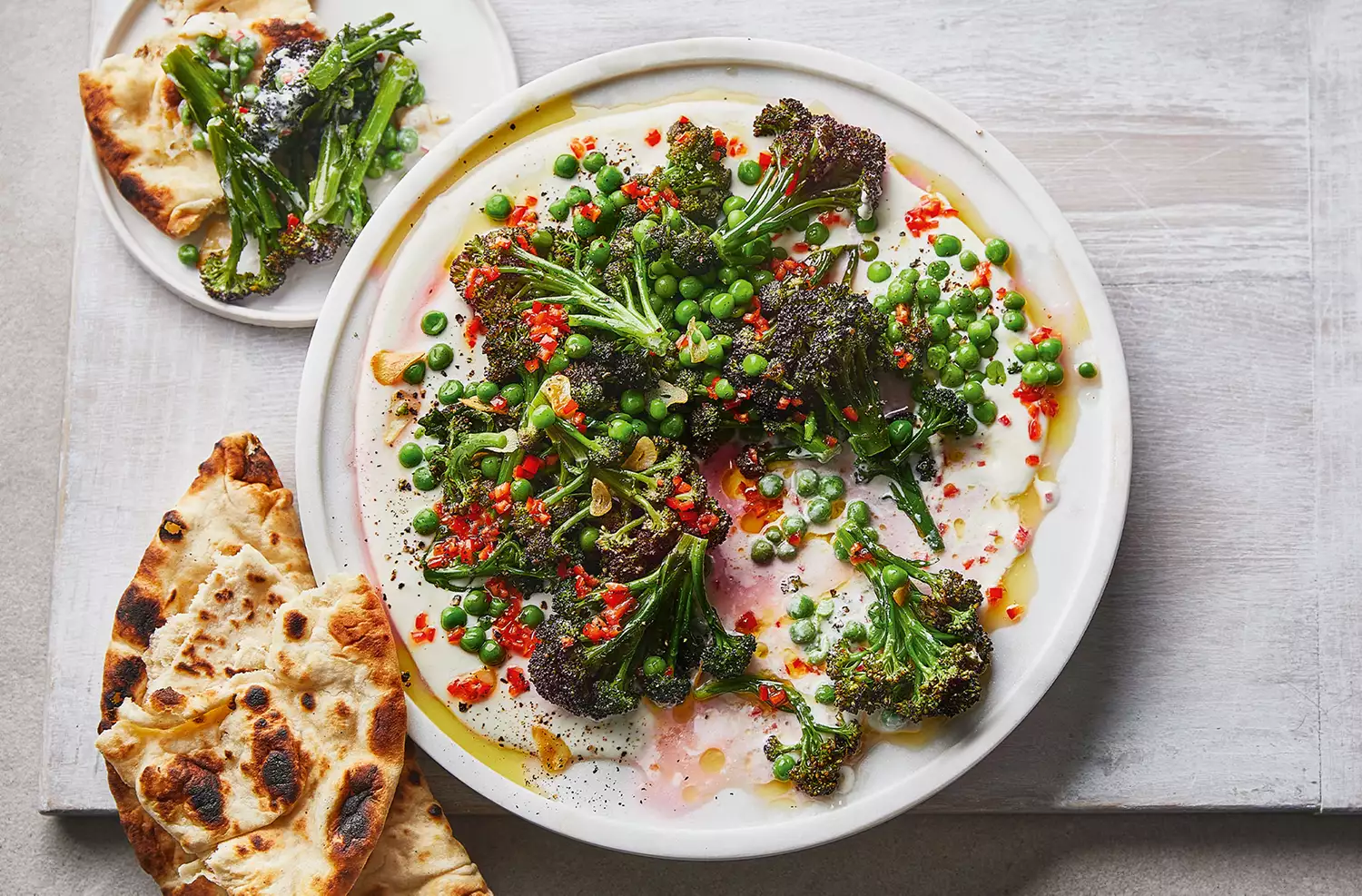 Whipped feta with charred purple sprouting broccoli