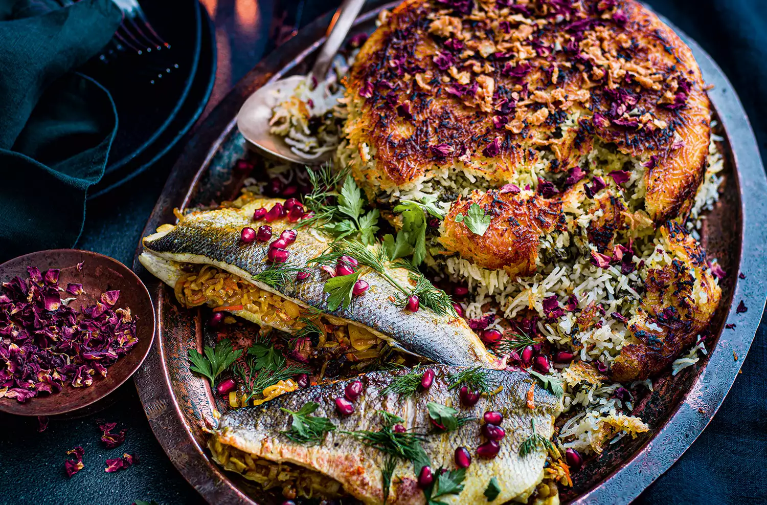 Sea bass with saffron, orange, walnuts & sour cherry with herbed pilaf sabzi polo