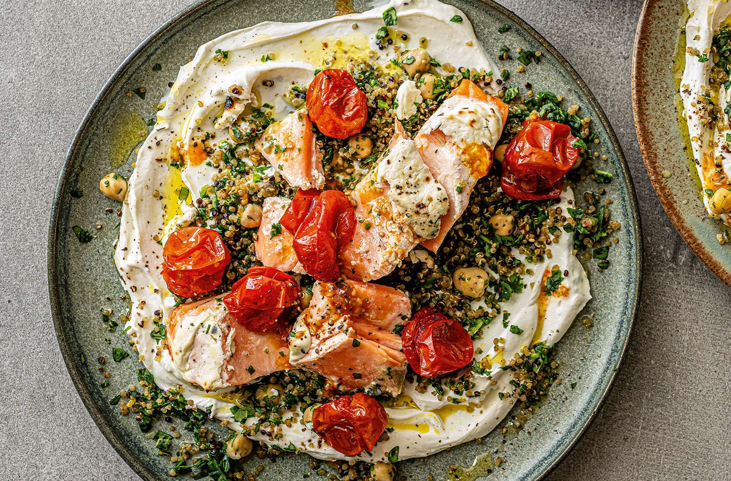 Herby labneh salmon & tomatoes with grains