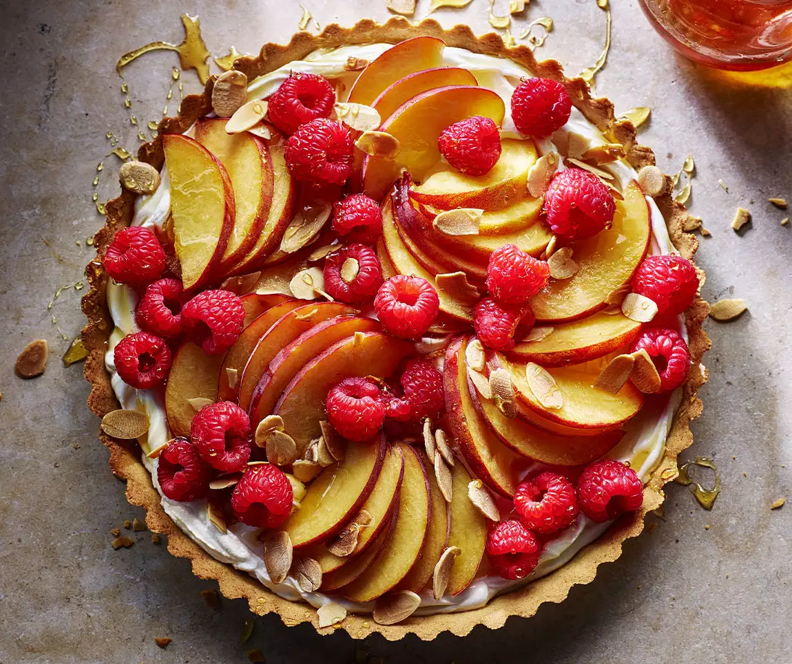 Peach, raspberry & honey tart