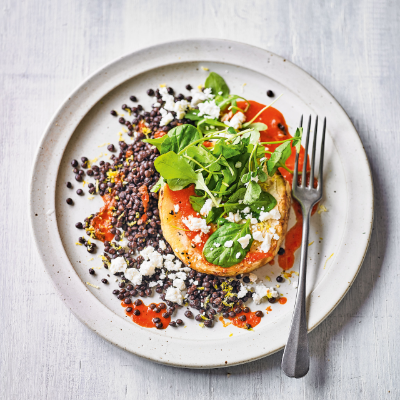 Celeriac steaks with spicy pepper sauce & Greek cheese