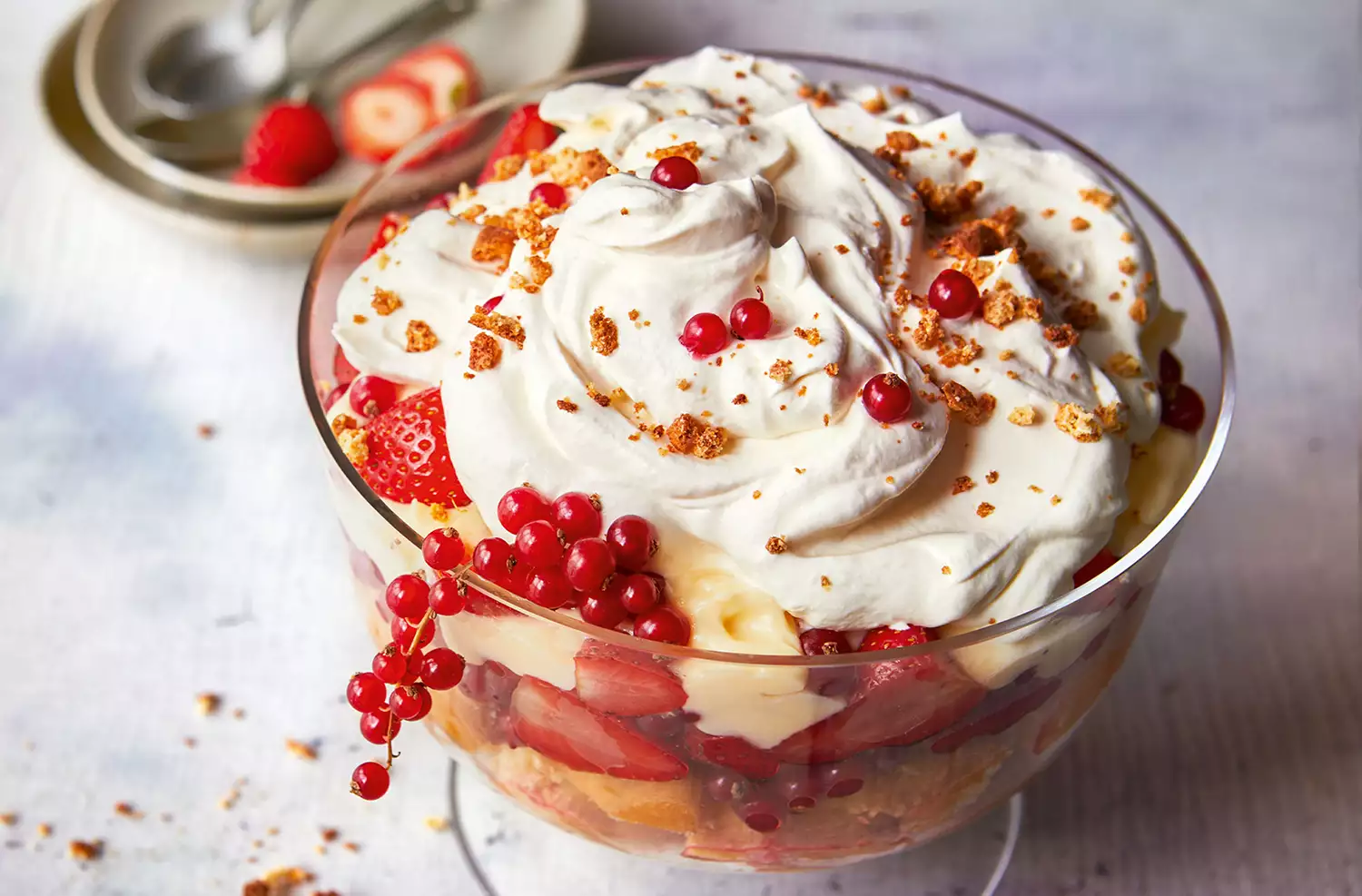 Strawberry & redcurrant syllabub trifle