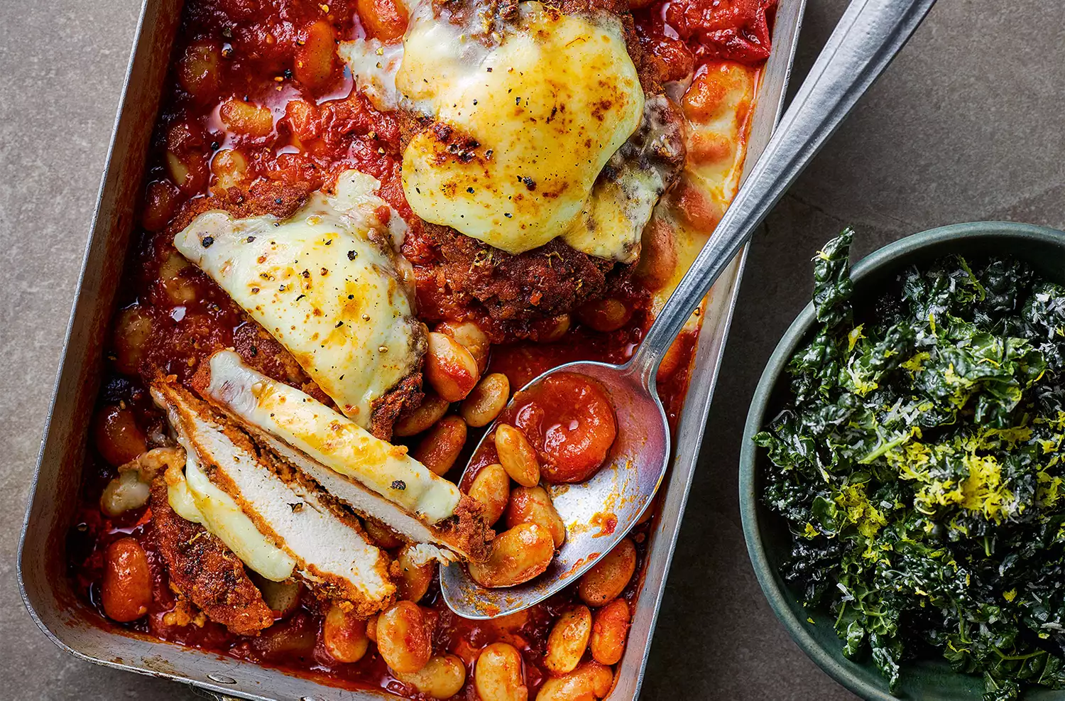 Smoky chicken & bean parmesan with dressed cavolo nero