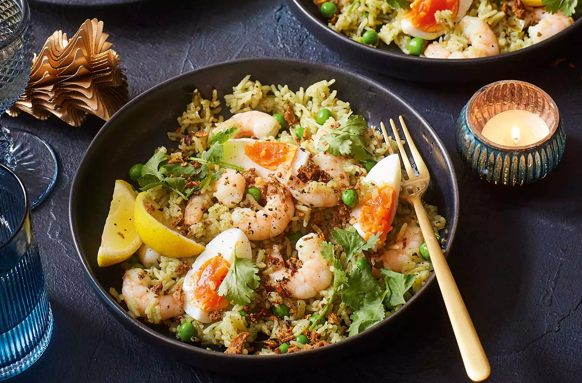 Green tikka prawn kedgeree