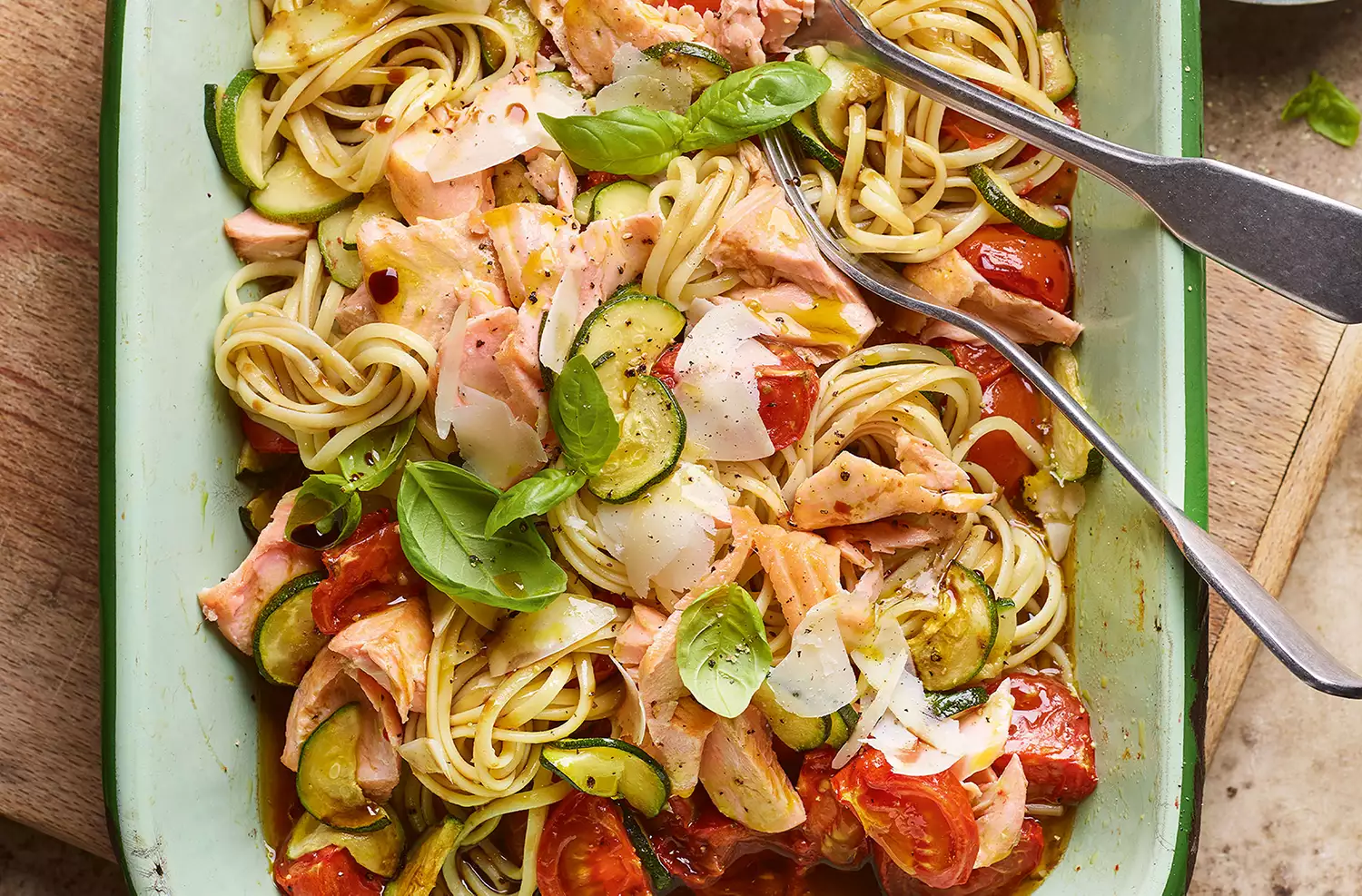 Summer salmon, tomato & courgette spaghetti