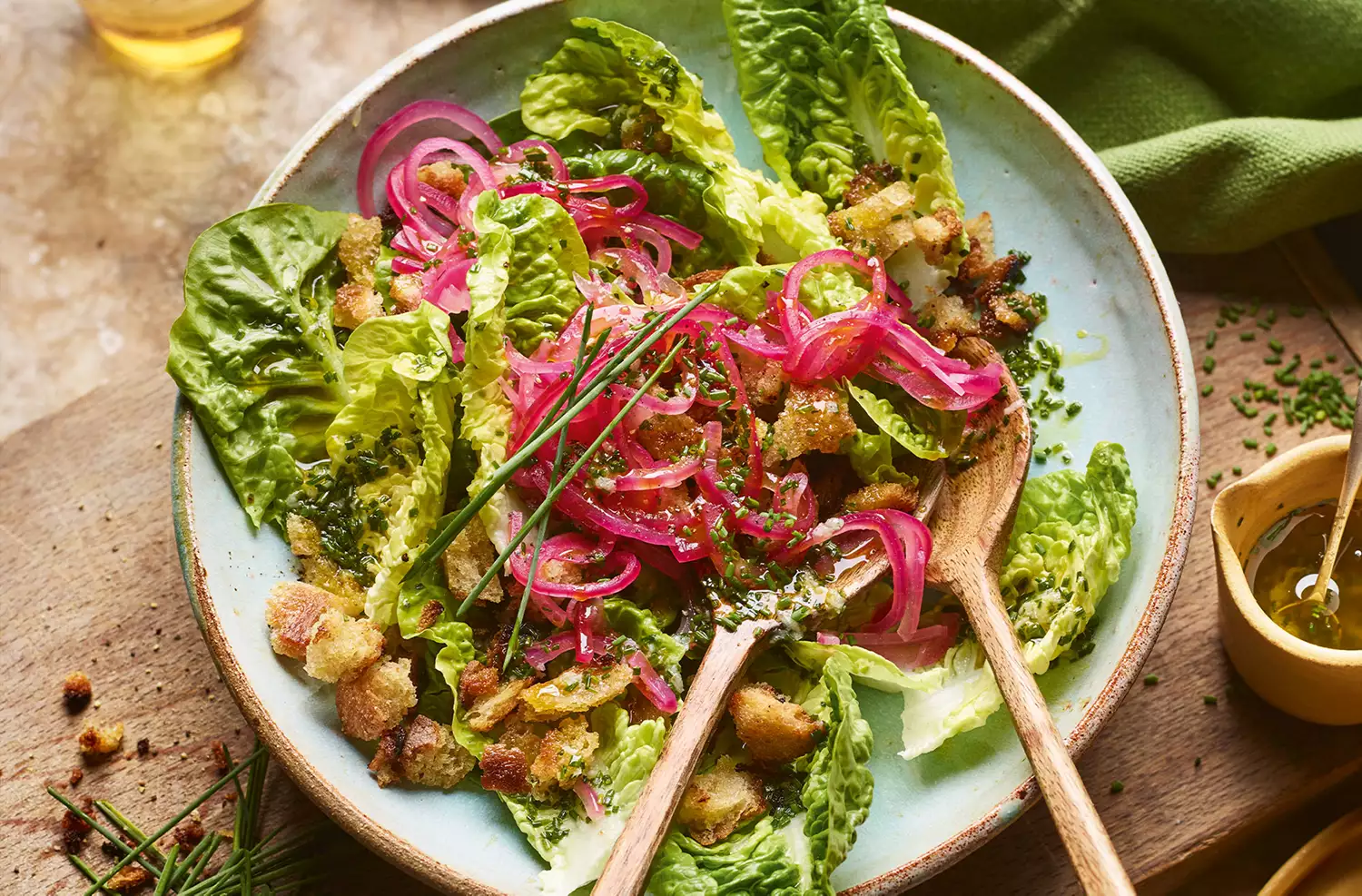 Little gem salad with chive vinaigrette, pickled red onions & crispy breadcrumbs