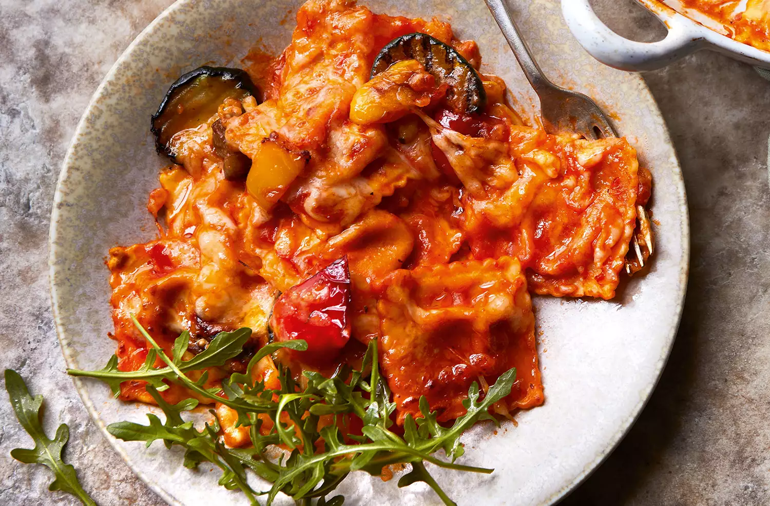 ’Nduja ravioli & grilled vegetable bake