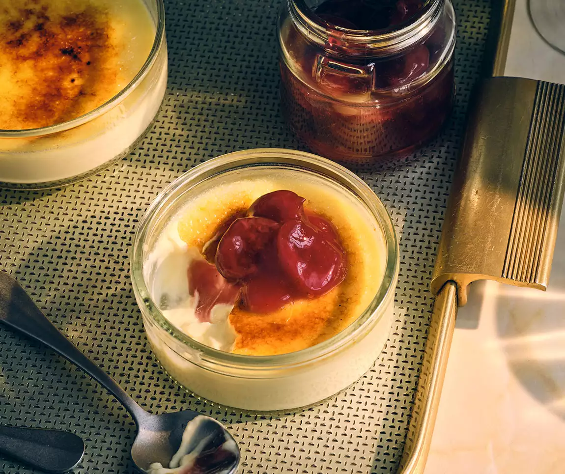 Crème brûlée with cherry compote