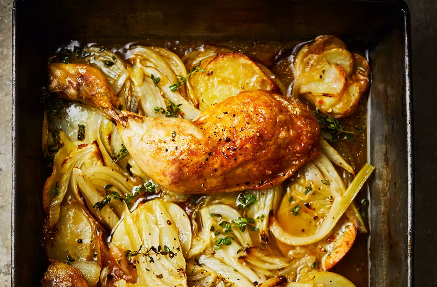 Boulangère vegetables with crisp chicken & Dijon apples