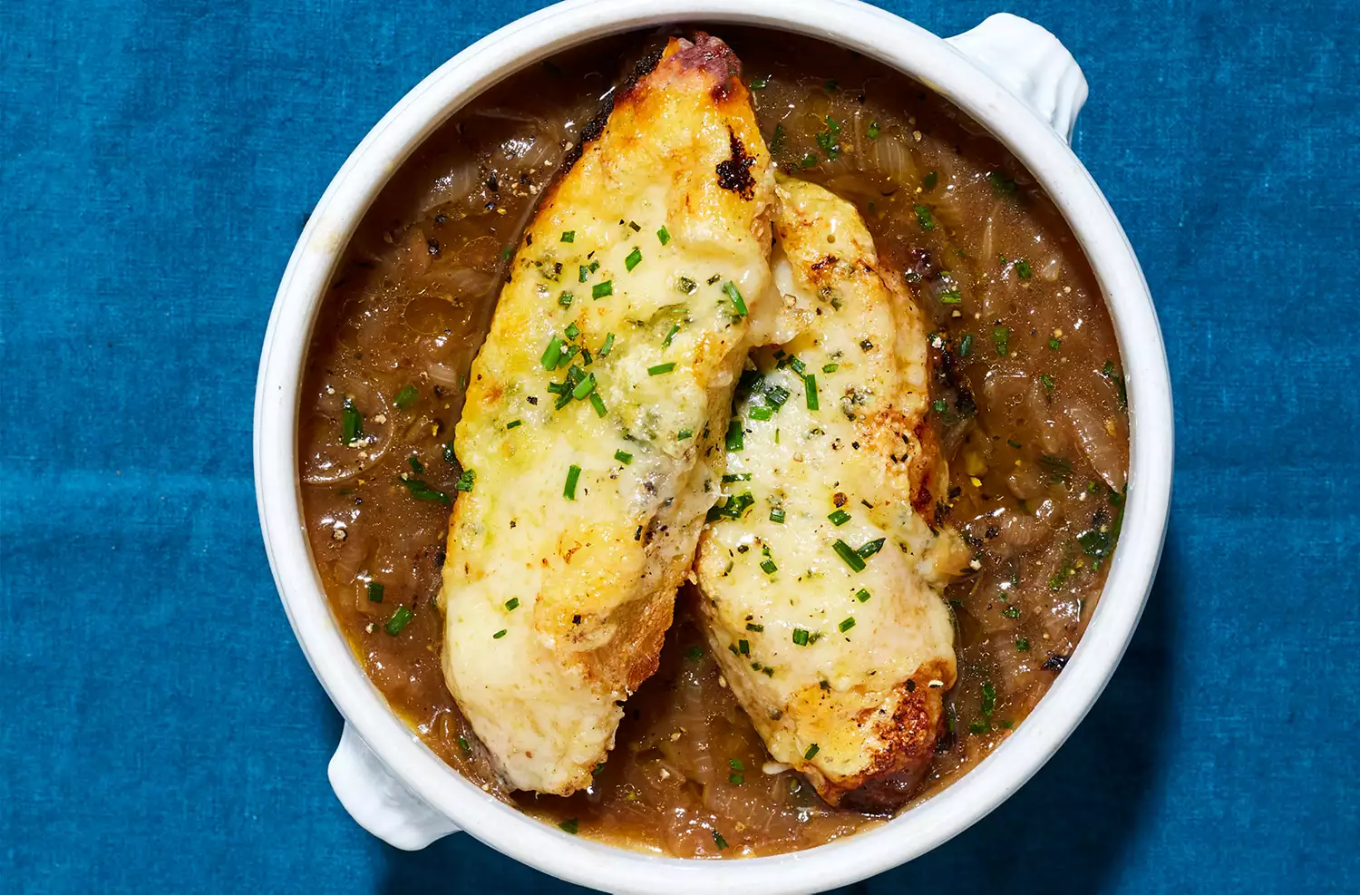 French onion soup with cheesy croutons