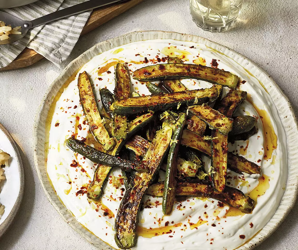 Roasted baby courgettes on strained garlic yogurt