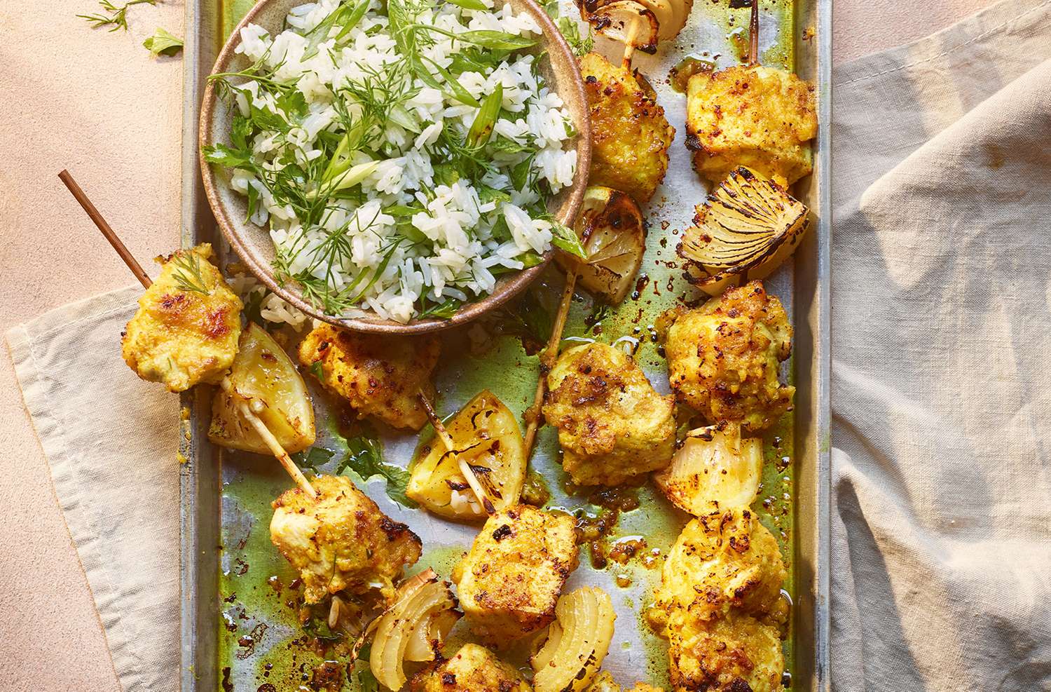 Chicken lemon shish with herb rice salad