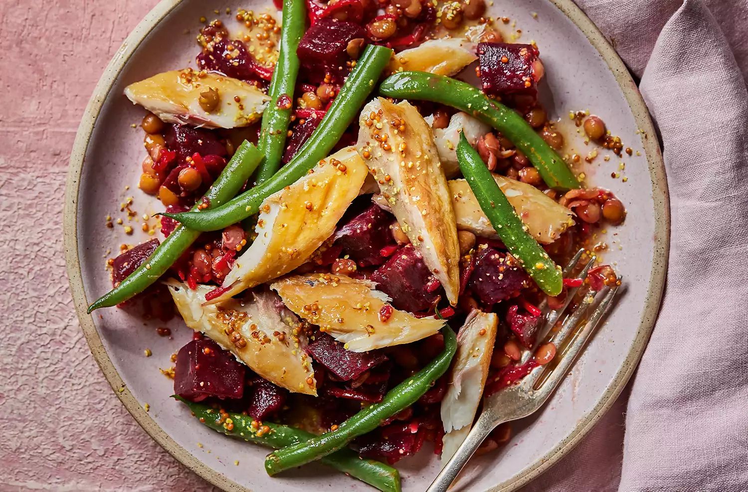  Lentil, bean & beet salad with smoked mackerel