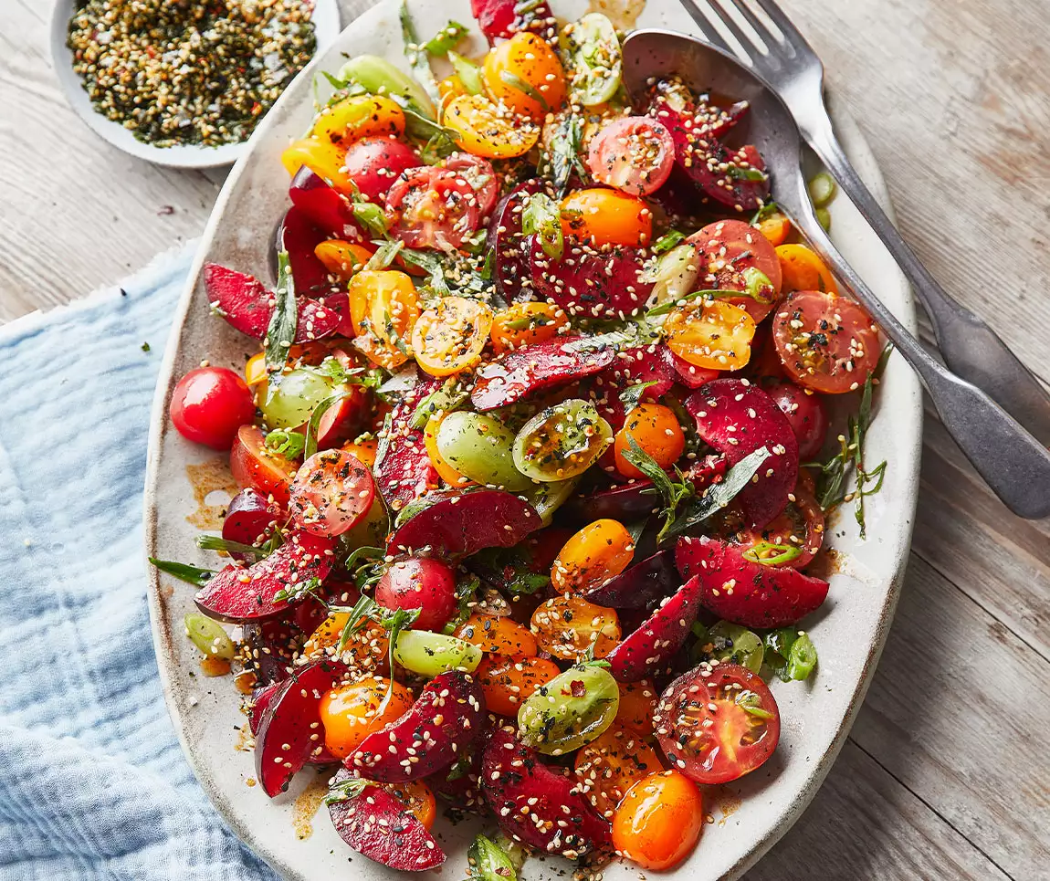 Plum & tomato salad with furikake