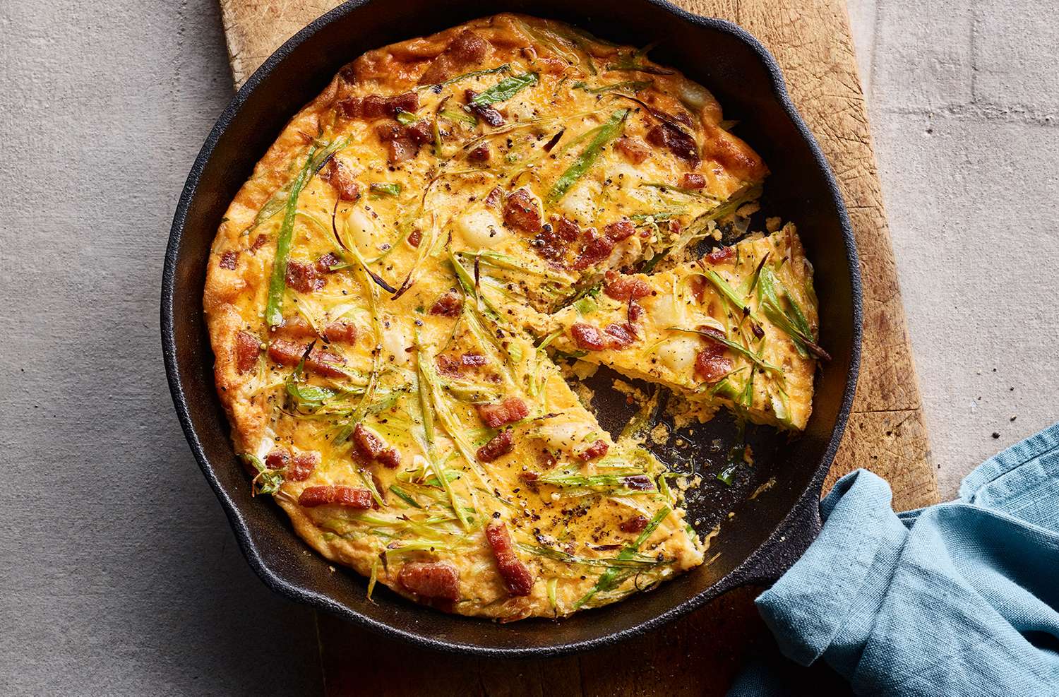 Creamy smoked bacon, potato & salad onion frittata